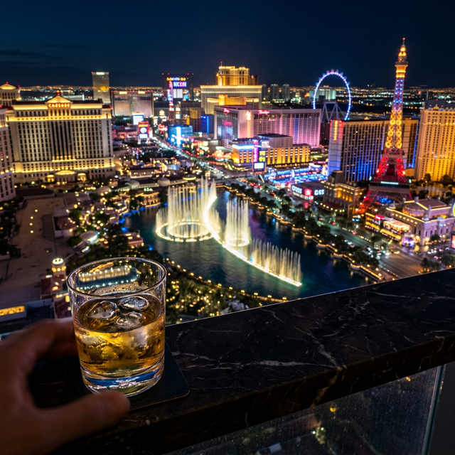 Vista panorâmica de Las Vegas de suíte de luxo com drink