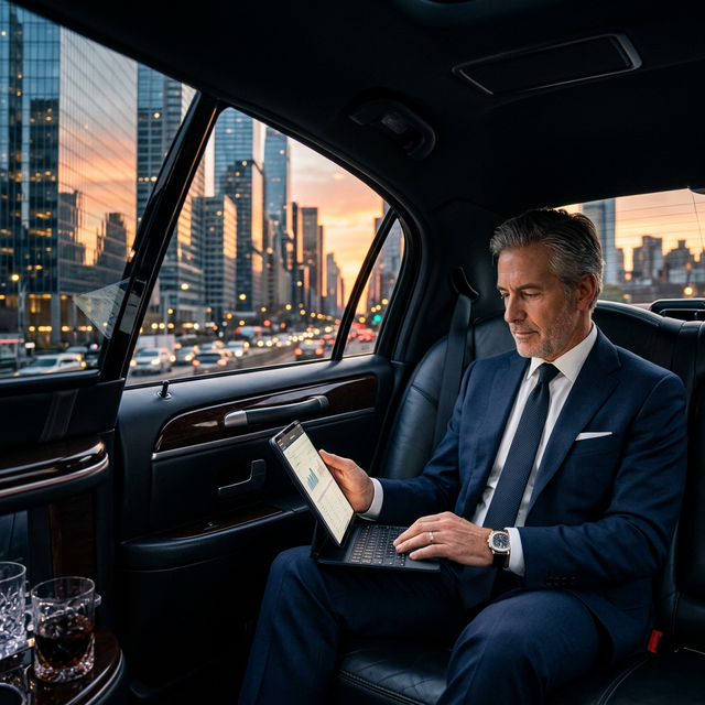 Executivo em carro de luxo com vista para metrópole ao entardecer